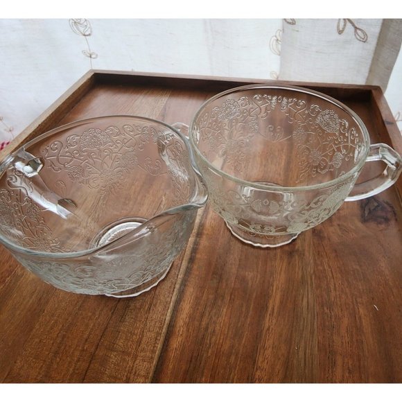 Hazel Atlas Florentine 1 Clear Sugar Creamer Set vintage Depression Glass poppy - Picture 2 of 10
